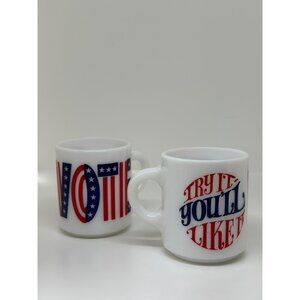VTG Milk Glass Mugs With Patriotic "Vote" & "Try It Youll Like It" Graphics